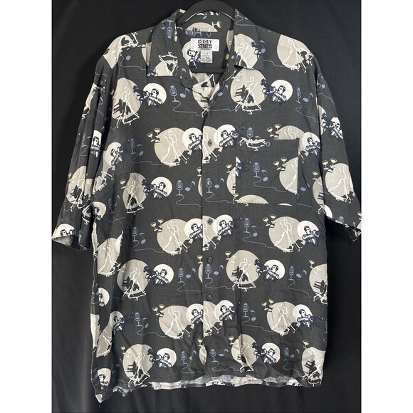 Vintage 80s City Streets Men's L Button Down Shirt Jazz Pattern - Picture 1 of 8